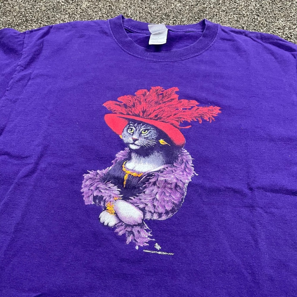 Vintage 2004 Earth Sun Moon Cat Graphic Tee Purple Gildan Ultra Cotton Large - Picture 1 of 6